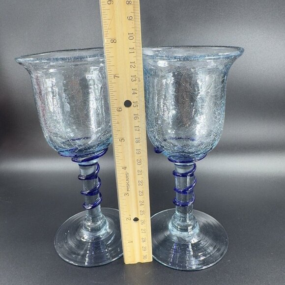 Hand Blown Crackle Glass Goblet Drinking Glasses Set 2 Clear Blue Swirl Goblets - Picture 3 of 12